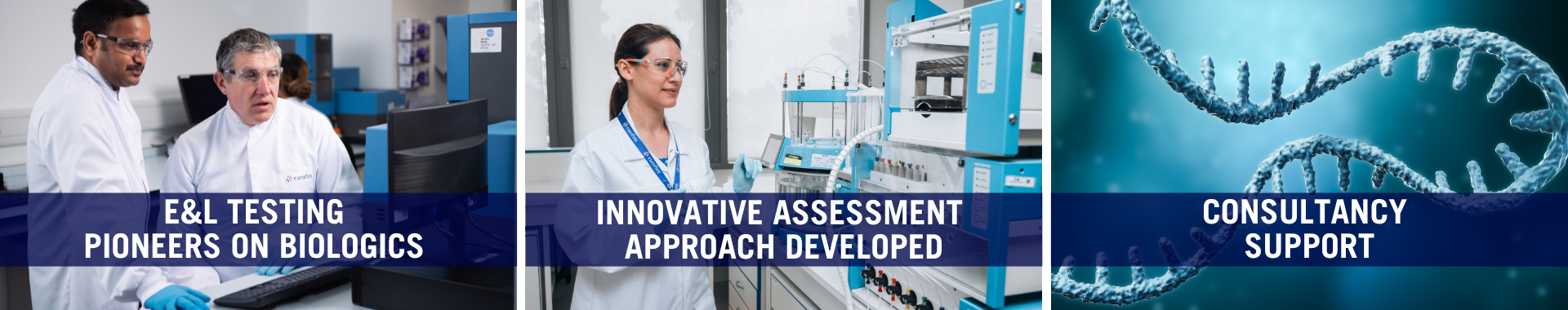 Laboratory technicians at Eurofins BioPharma Product Testing performing Extractables & Leachables testing on biologics. The image highlights their focus on precision and safety, ensuring the compatibility and compliance of materials used in the storage and delivery of biological products.