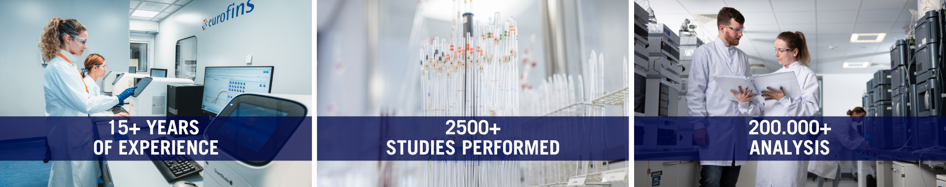 Laboratory technicians at Eurofins BioPharma Product Testing conducting analyses and discussing results related to Extractables and Leachables. The scene highlights collaboration and precision in ensuring the safety and compliance of materials used in pharmaceutical packaging and devices.