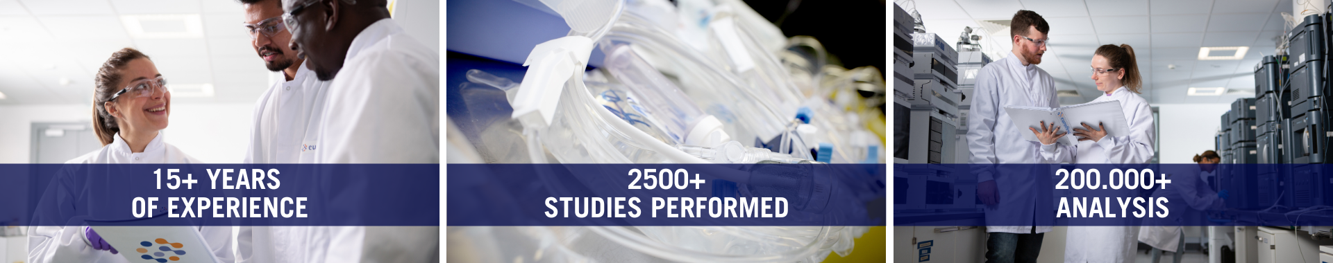 Laboratory technicians wearing a white coat discussing about  single-use systems or multiple-use systems (SUS, MUS) to manufacture biopharmaceutical products. The scene shows the Eurofins clean and sterile lab environment.