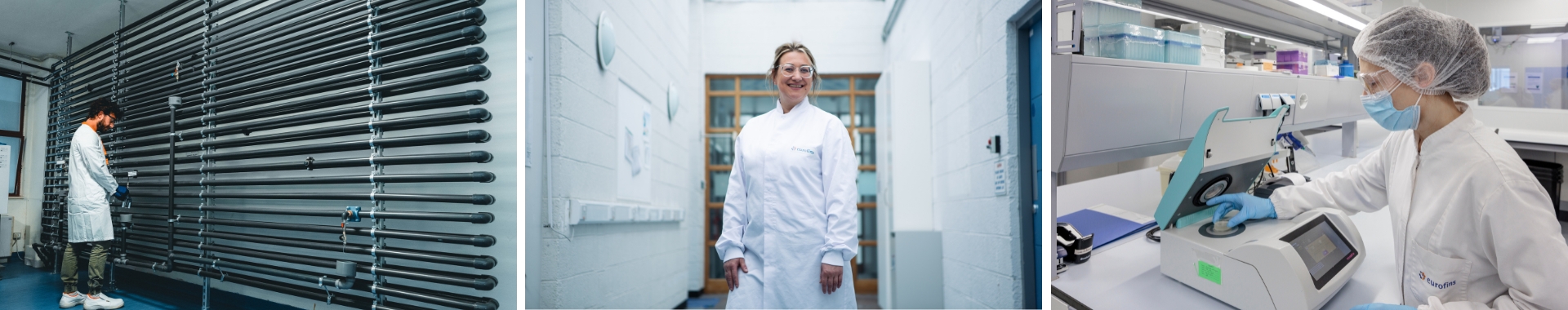 Laboratory technicians at Eurofins BioPharma Product Testing conducting Raw Materials and Excipient Testing. The scene showcases the technicians carefully analysing and testing raw materials and excipients in a controlled laboratory environment, ensuring quality and compliance with industry standards.